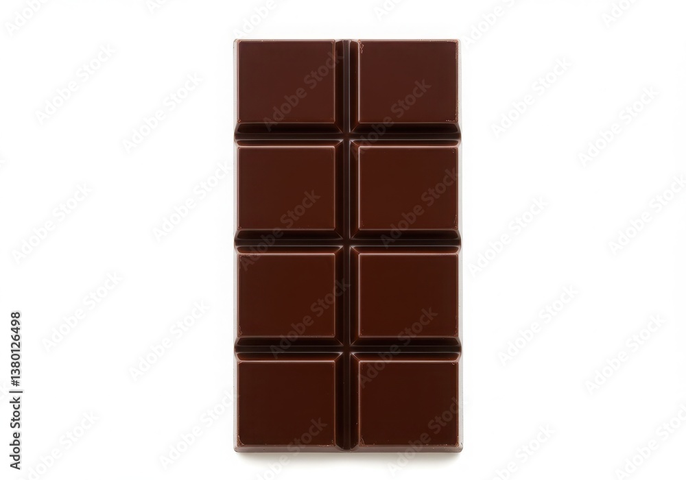 A single bar of dark chocolate with eight squares on a white background in a vertical position A single bar of dark chocolate with eight squares on a white background in a vertical position