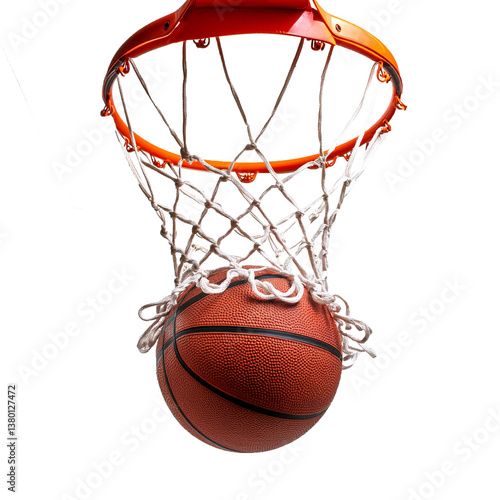 Basketball falling into the net on a hoop with isolated on white transparent background