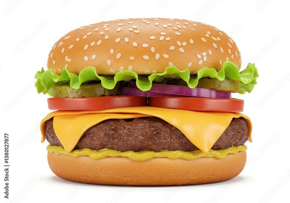 A close up shot of a burger with sesame seeds on the bun and various toppings isolated on white A close up shot of a burger with sesame seeds on the bun and various toppings isolated on white