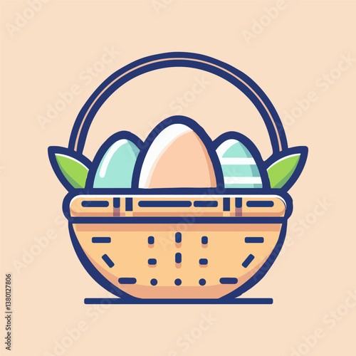 A colorful digital illustration of an Easter basket filled with three decorated eggs