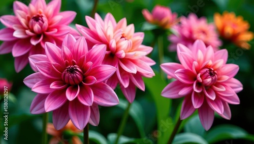 Intricate dahlia blooms, vibrant petals, lush foliage, vintage, closeup