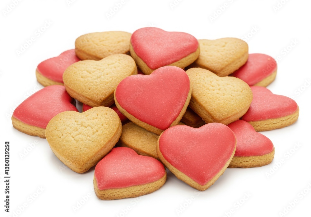 A pile of heart shaped cookies with pink icing on a white background for valentine's day treats A pile of heart shaped cookies with pink icing on a white background for valentine's day treats