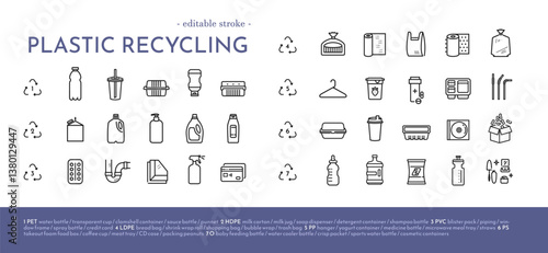 Plastic recycling icon set in line style structured by plastic type. Editable stroke. Collection of pictograms for web design. Items you can recycle: food and drink packaging, disposable bags, etc