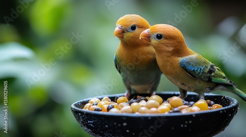Two birds eat from a black bowl against a blurred, green background