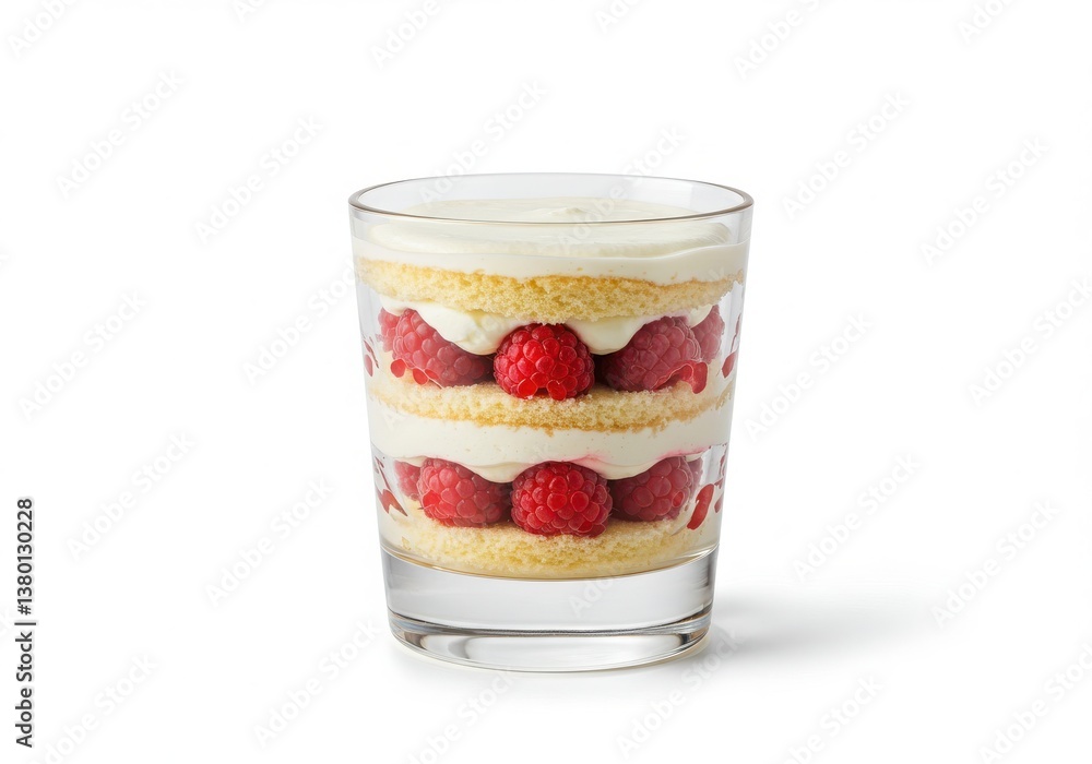 A layered dessert in a glass with raspberries cake and cream on a white background studio shot A layered dessert in a glass with raspberries cake and cream on a white background studio shot
