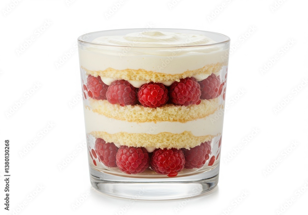 A glass filled with layers of cake, cream, and raspberries on a white background surface view A glass filled with layers of cake, cream, and raspberries on a white background surface view
