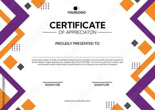 Certificate of Appreciation template design with rectangle purple and orange