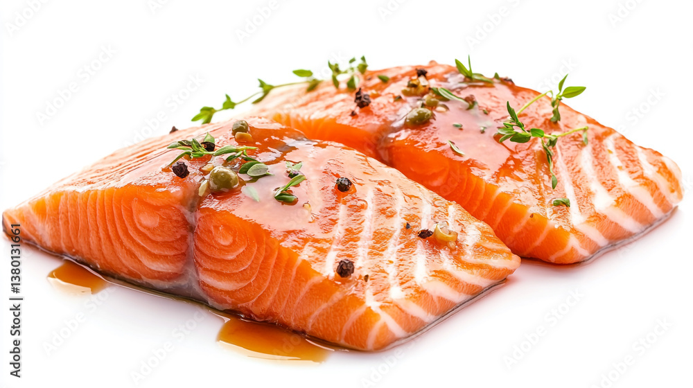 Two pieces of salmon fillets with herbs and sauce on a white background close up view delicious food Two pieces of salmon fillets with herbs and sauce on a white background close up view delicious food