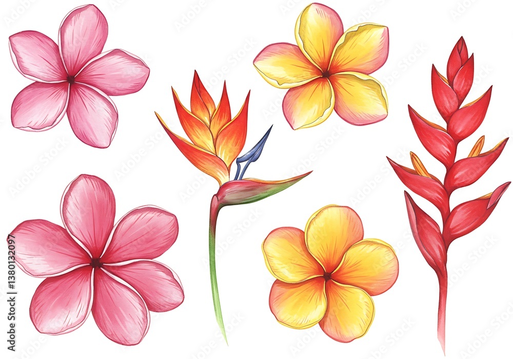 Obraz premium Watercolor tropical flowers. Hand painted illustrations isolated on white background
