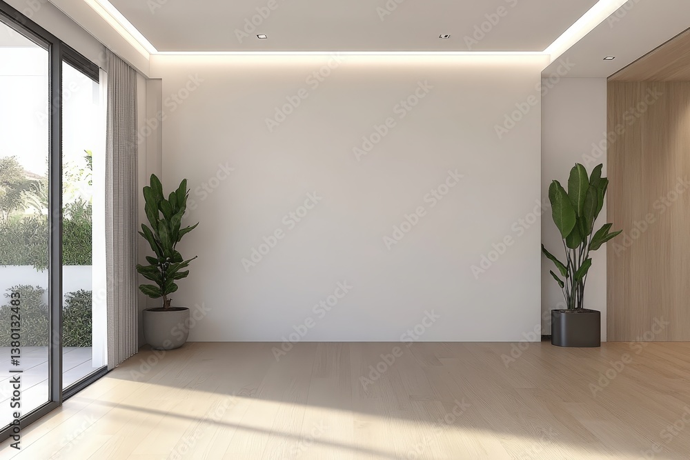 Fototapeta premium A spacious modern interior with wooden flooring, featuring two potted plants and large glass doors leading to a lush outdoor area.