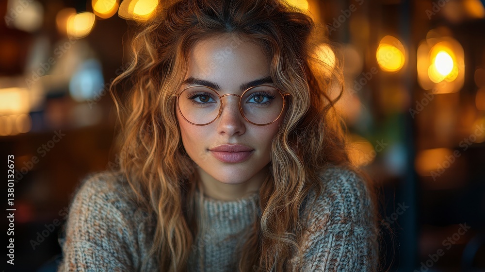 Woman with glasses and curly hair smiling against a blurry background Woman with glasses and curly hair smiling against a blurry background