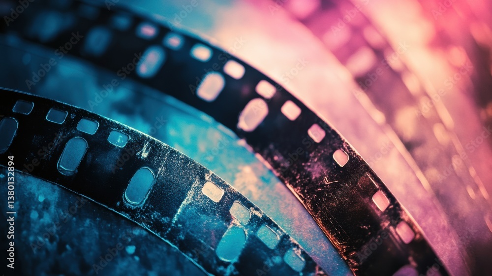 Film texture overlay with color gradient evokes vintage nostalgia and cinematic charm through visible dust and scratches from classic filmmaking techniques