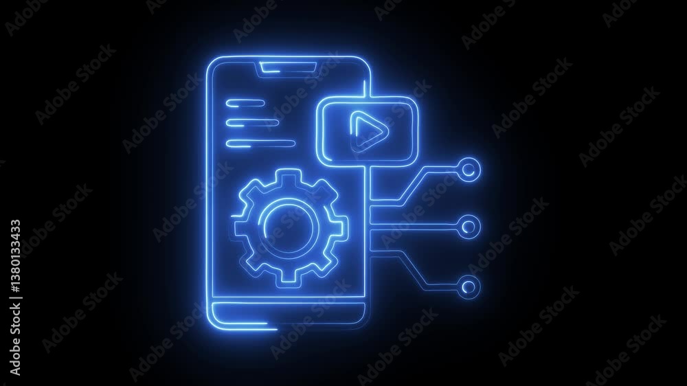 Glowing neon mobile application icon isolated on black background. HD Video motion graphic animation Glowing neon mobile application icon isolated on black background. HD Video motion graphic animation