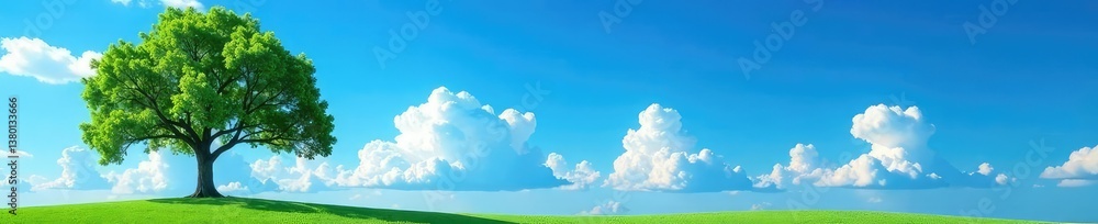 Isolated tree against a bright blue sky with white clouds, landscape, serene Isolated tree against a bright blue sky with white clouds, landscape, serene