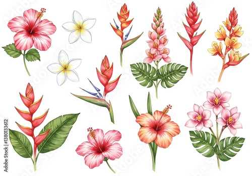 Watercolor tropical flowers. Hand painted illustrations isolated on white background