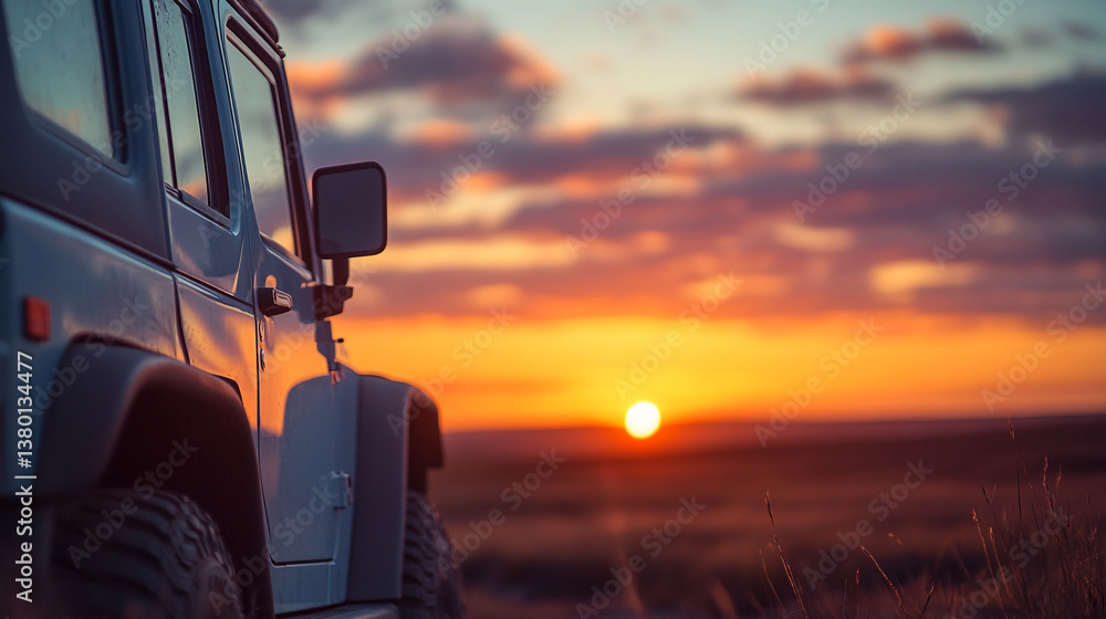 Off road vehicle parked against a vibrant sunset with clouds and a golden sky in the distance Off road vehicle parked against a vibrant sunset with clouds and a golden sky in the distance