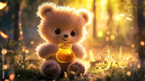 Cute fluffy bear holding honey jar in a dreamy forest setting illuminated by soft glowing light