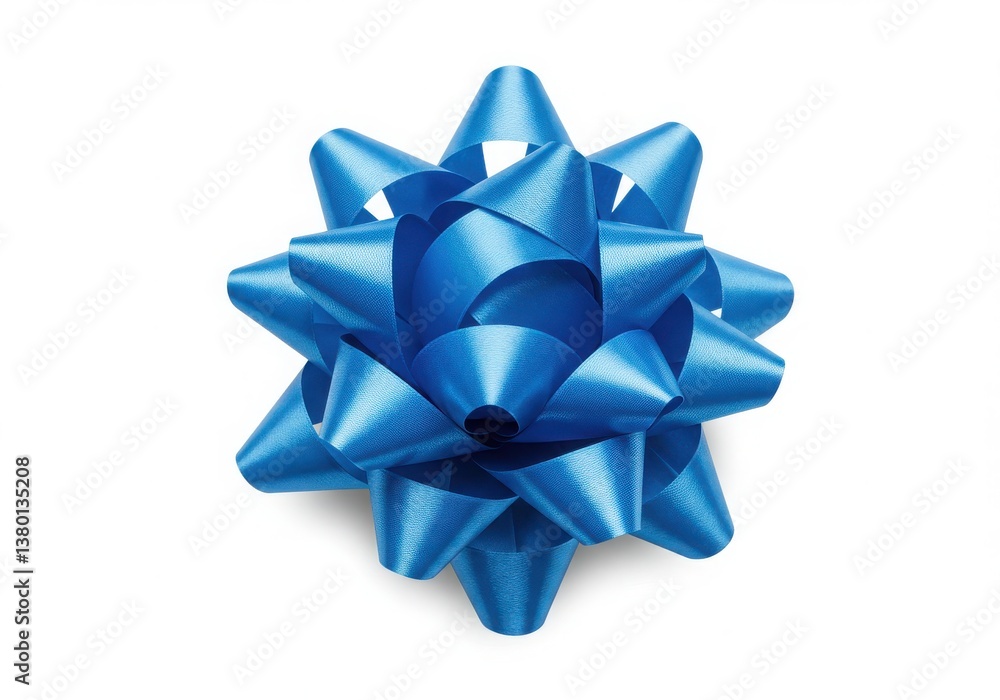 A single blue gift bow with many loops isolated on a plain white background centered in the image A single blue gift bow with many loops isolated on a plain white background centered in the image