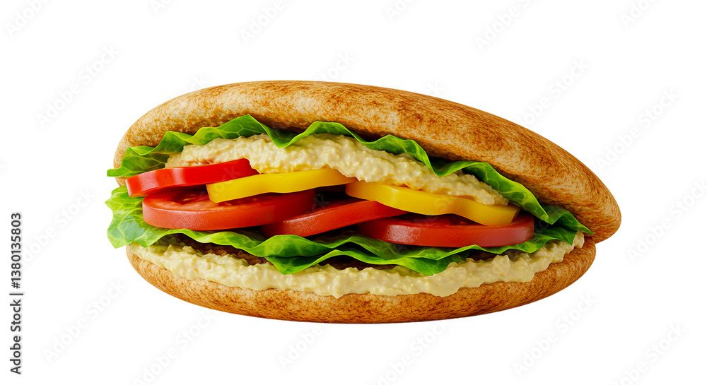 A close up of a sandwich with lettuce tomato and yellow peppers on a brown bread against black background A close up of a sandwich with lettuce tomato and yellow peppers on a brown bread against black background