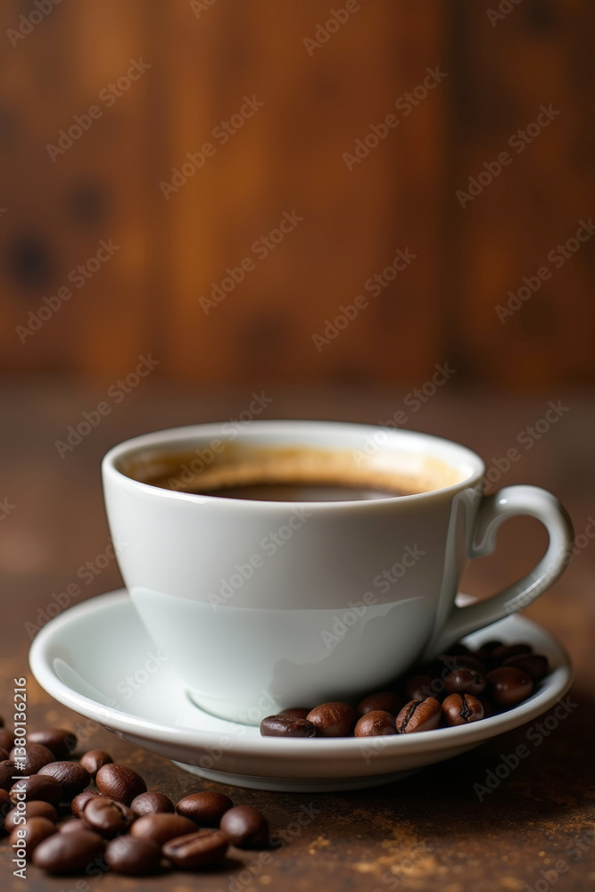Freshly brewed espresso with a rich golden crema in a white ceramic cup, surrounded by aromatic roasted coffee beans Freshly brewed espresso with a rich golden crema in a white ceramic cup, surrounded by aromatic roasted coffee beans