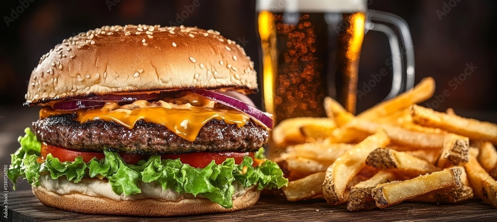 Close-Up of Delicious Cheeseburger with Fries and Beer Glass, Perfect for Food Photography Close-Up of Delicious Cheeseburger with Fries and Beer Glass, Perfect for Food Photography