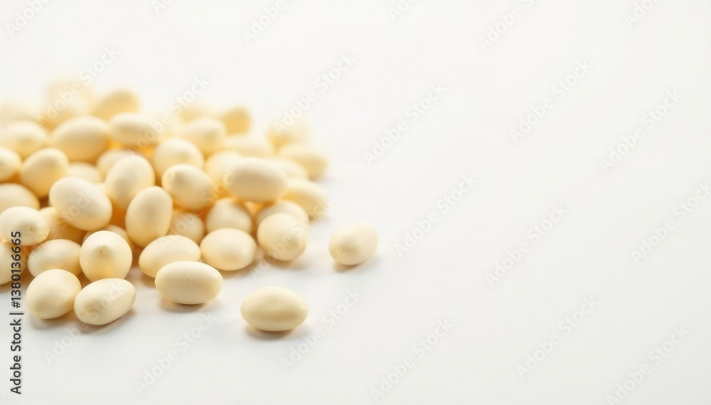 Scattered white beans on pure white background, close-up, diet Scattered white beans on pure white background, close-up, diet
