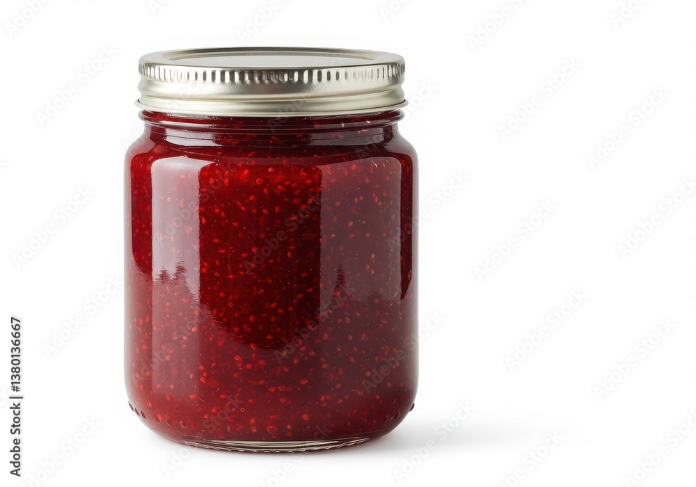 A glass jar filled with homemade raspberry jam sealed with a metal lid on a white background view A glass jar filled with homemade raspberry jam sealed with a metal lid on a white background view