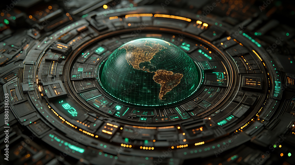 Futuristic technology featuring glowing holographic Earth surrounded by intricate circuitry and glowing elements, showcasing blend of nature and technology Futuristic technology featuring glowing holographic Earth surrounded by intricate circuitry and glowing elements, showcasing blend of nature and technology