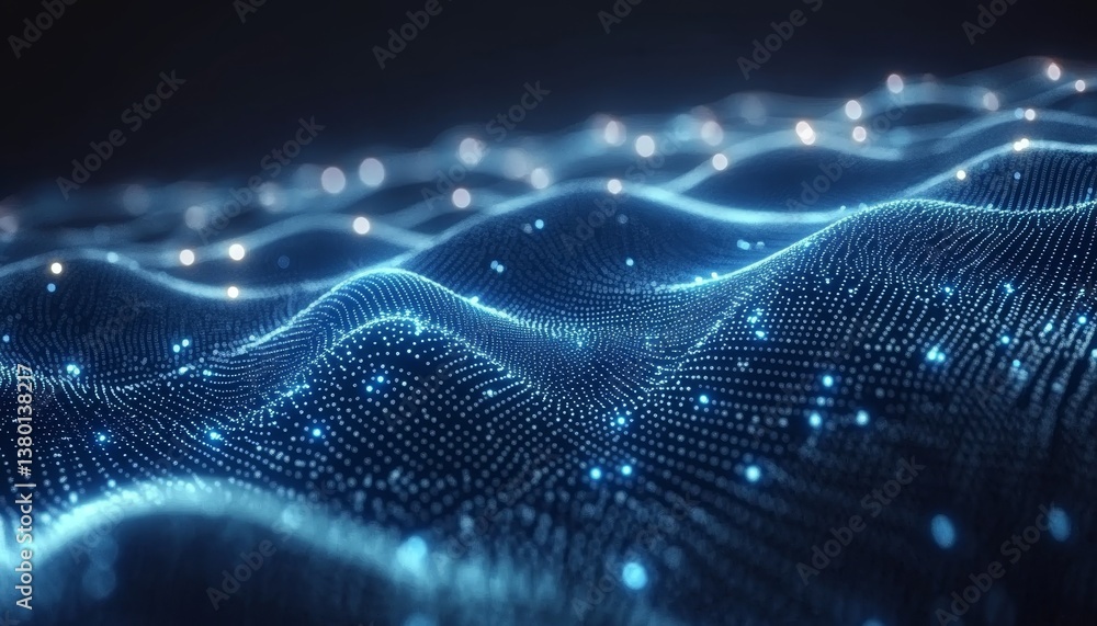 Abstract Network of Glowing Blue Dots and Lines Forming a Dynamic Wave Pattern on a Dark Background Abstract Network of Glowing Blue Dots and Lines Forming a Dynamic Wave Pattern on a Dark Background