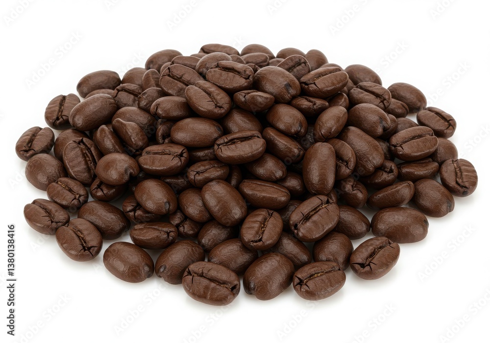 Fototapeta premium A heap of roasted coffee beans displayed on a white surface in a close up studio shot for food lovers