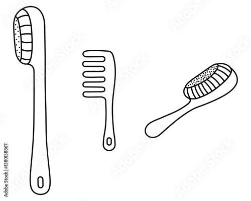Set of brushes. Brush with long handle for dry massage and back washing, massage hairbrush, comb for detangling hair. Sketch. Vector illustration. Outline on isolated white background. Doodle style. 