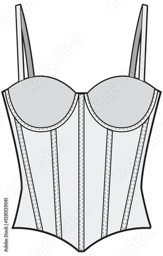 Spaghetti Strap Corset Top Fashion Flat Sketch Vector Illustration, CAD, Technical Drawing, Flat Drawing, Template, Mockup.