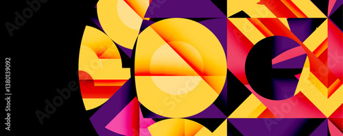 Bright geometric shapes overlap. Vivid colors create dynamic composition. Abstract design with circular, triangular elements. Modern art style.