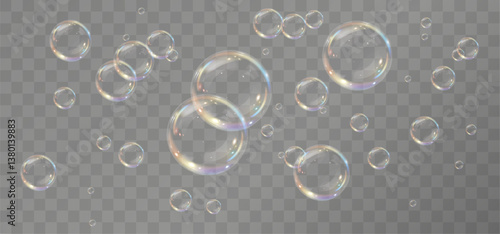 Magical Soap Bubble Splash — Transparent Three-Dimensional Foam with Rainbow Shine and Clean Fluid Texture for Fresh and Fun Vector Design