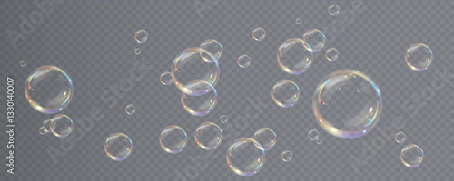 Realistic soap bubble vector illustration featuring a transparent, three-dimensional glossy ball. Clean and colourful with a rainbow shine, perfect for backgrounds, beauty products, or PNG overlays.
