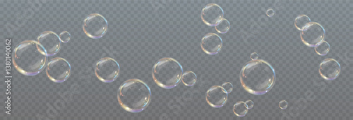 Realistic soap bubble vector illustration featuring a transparent, three-dimensional glossy ball. Clean and colourful with a rainbow shine, perfect for backgrounds, beauty products, or PNG overlays.	
