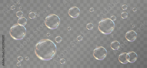 Realistic soap bubble vector illustration featuring a transparent, three-dimensional glossy ball. Clean and colourful with a rainbow shine, perfect for backgrounds, beauty products, or PNG overlays.