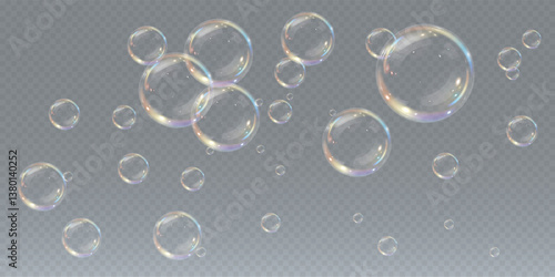 Realistic soap bubble vector illustration featuring a transparent, three-dimensional glossy ball. Clean and colourful with a rainbow shine, perfect for backgrounds, beauty products, or PNG overlays.	
