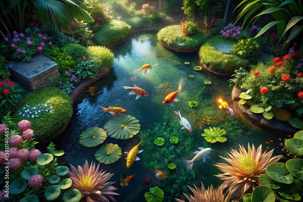 Obraz premium Aerial View of Serene Backyard Koi Pond with Water Lilies