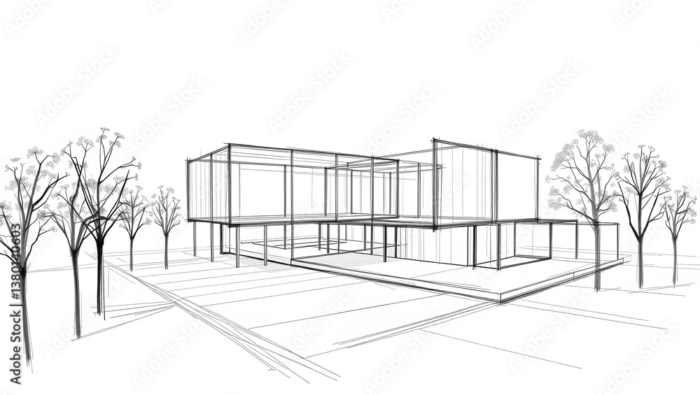 Architectural sketch of a modern, minimalist house featuring clean lines and an artistic presentation. Architectural sketch of a modern, minimalist house featuring clean lines and an artistic presentation.