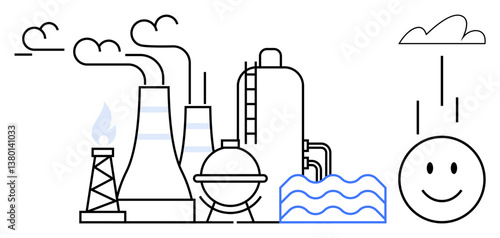 Factory emitting smoke, industrial equipment, water, and gases with a smile indicating impact. Ideal for energy, pollution, environment, sustainability, industry innovation green technologies flat