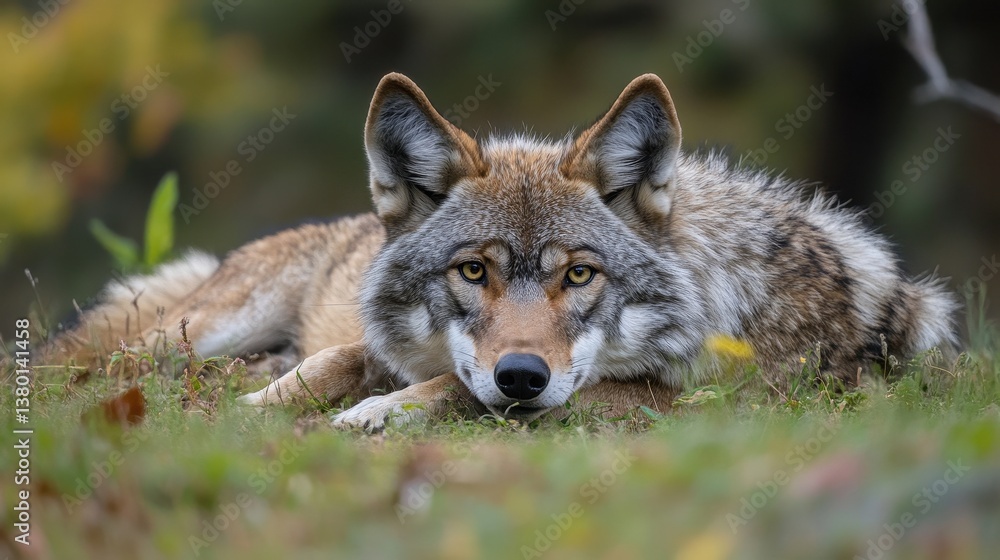 A close-up of a wolf resting quietly in a natural setting. A close-up of a wolf resting quietly in a natural setting.
