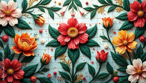 Intricate tile mosaic creates a floral pattern , ornament, artistic, moroccan