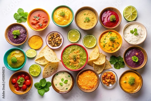 Wallpaper Mural Aerial View of Various Queso Dips in Bowls, Isolated on White Torontodigital.ca