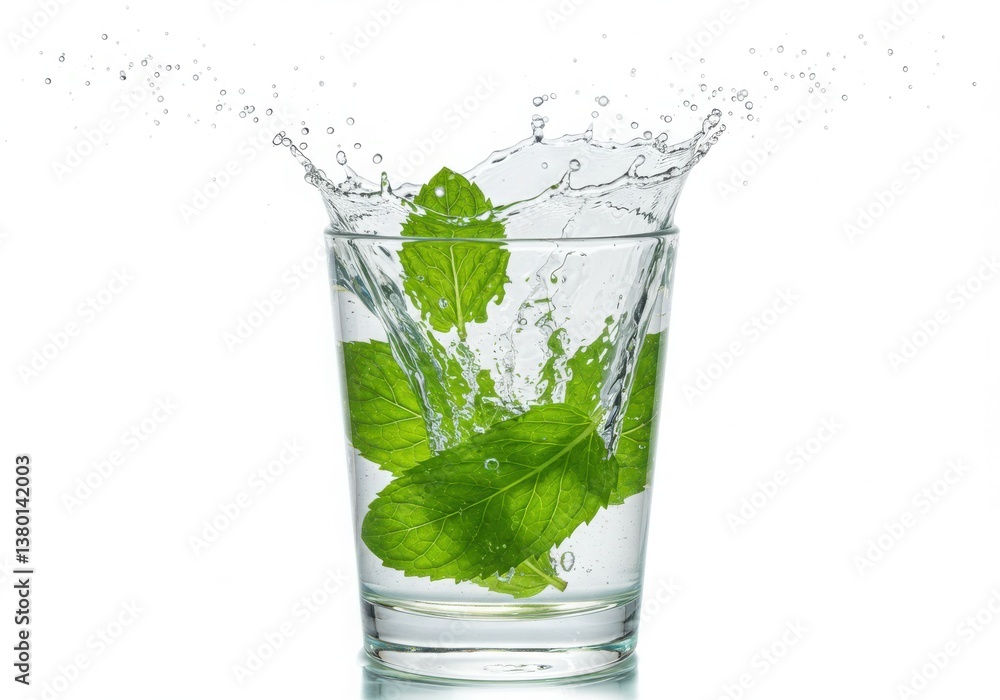 Mint leaves falling into a glass of water creating a splash on a white background studio shot Mint leaves falling into a glass of water creating a splash on a white background studio shot