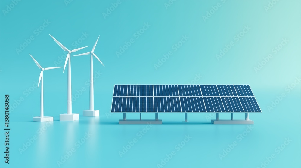 Wind turbines and solar panels on a blue background symbolize clean energy and sustainable development