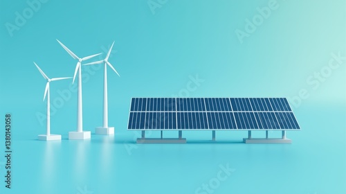 Obraz na płótnie Wind turbines and solar panels on a blue background symbolize clean energy and sustainable development w salonie