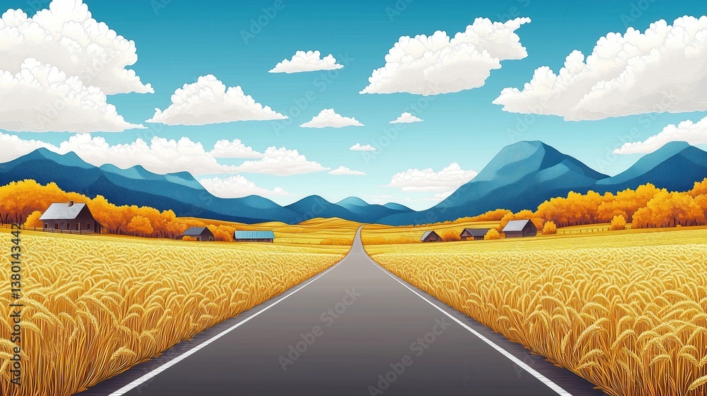 Pastoral scenery: The road shuttles through the golden wheat fields, the mountains in the distance are stacked, and white clouds dot the blue sky, a scene of harvest