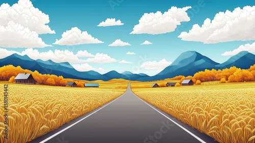 Obraz na płótnie Pastoral scenery: The road shuttles through the golden wheat fields, the mountains in the distance are stacked, and white clouds dot the blue sky, a scene of harvest w salonie