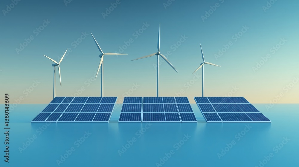 The wind power generation and solar photovoltaic power generation scenes under the blue sky and blue sea show the future development prospects and unlimited possibilities of clean energy.